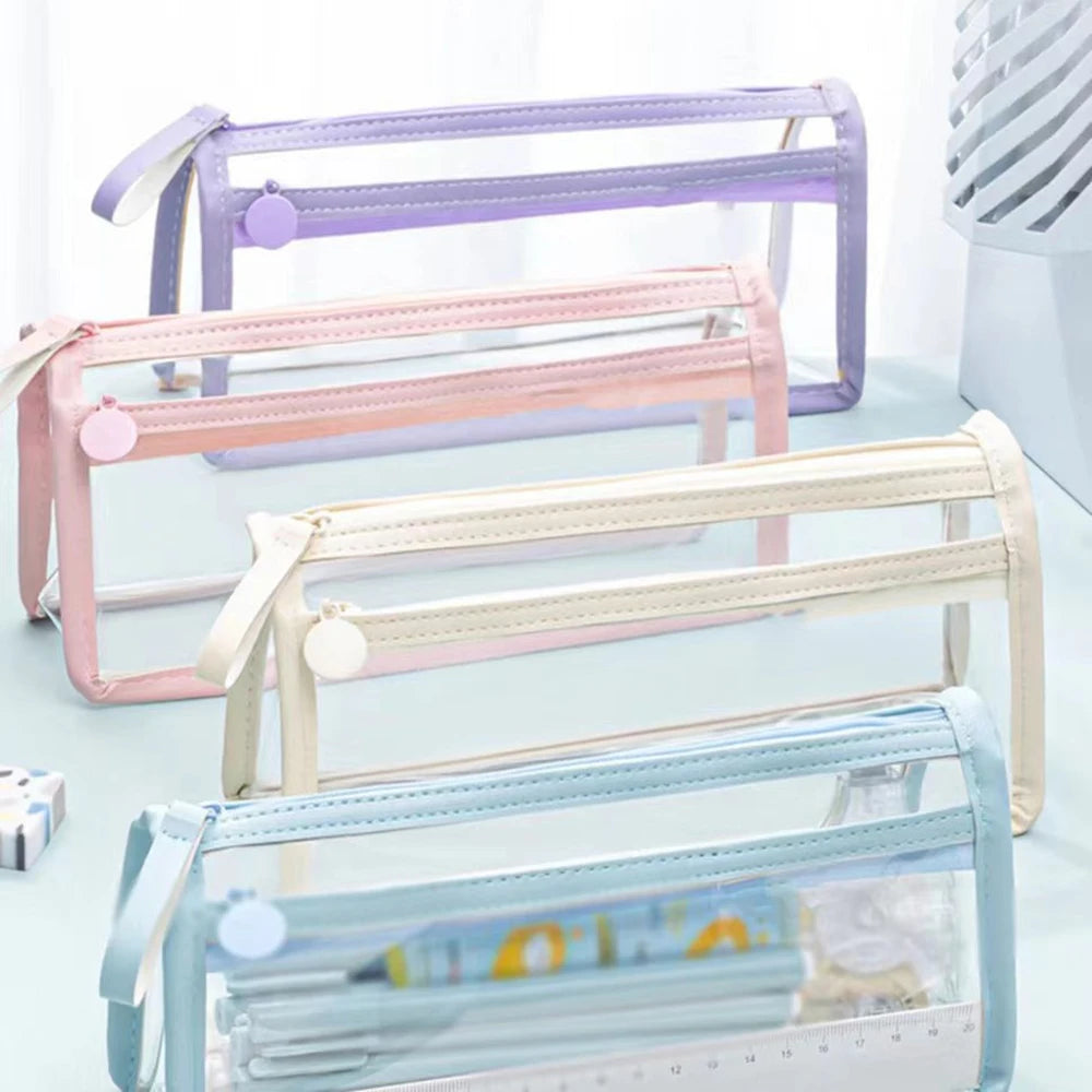 Transparent PVC Pencil Case Waterproof Large Capacity Double Layer Pen Bag Ins Style Makeup Bag Storage Bag School Stationery